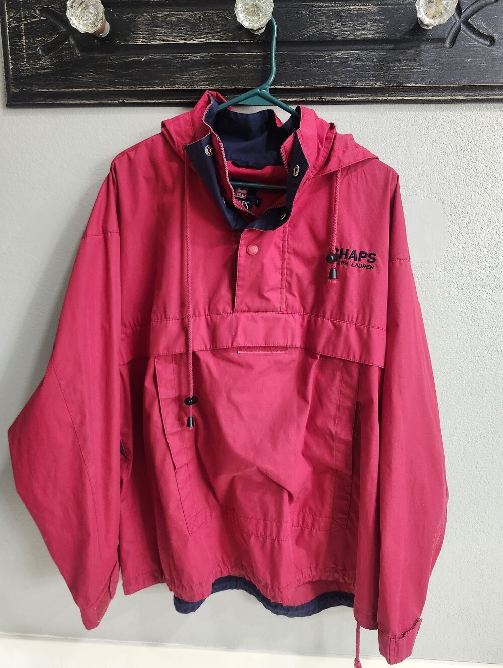 Chaps Hooded Pullover Rain Anorak - Red with Navy Trim